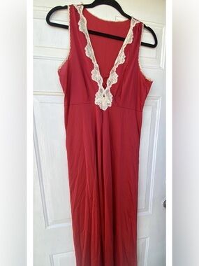 Vintage Red/orange Gossard Artemis Long Nightgown Lace Slip Dress Med W Robe USA